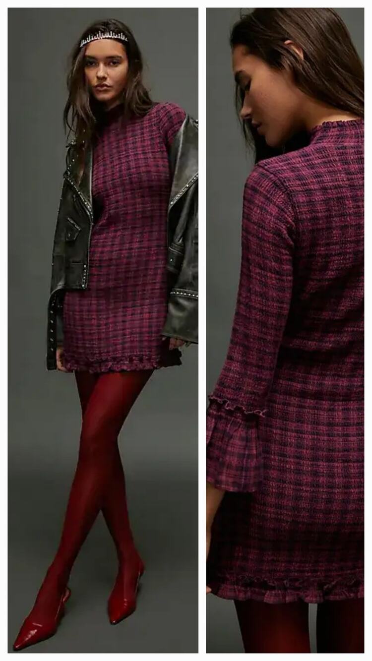 New FREE PEOPLE Autumn Chill Plaid Mini Dress $168 MEDIUM Pomegranate Overdye